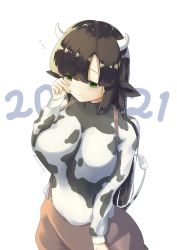 Rule 34 | 1girl, 2021, 20s, absurdres, animal ears, animal print, black hair, breasts, brown skirt, chinese zodiac, cow ears, cow girl, cow horns, cow print, cow tail, dated, green eyes, happy new year, highres, horns, large breasts, long hair, long sleeves, new year, print shirt, shirt, skirt, sleepy, standing, suspender skirt, suspenders, tail, tears, white background, white shirt, year of the ox, youkaaaaaaa