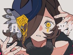 Rule 34 | 1girl, animal ears, bare shoulders, blue hat, brown hair, eva (vocaloid), flower, fur choker, grey background, hair over one eye, hands up, hat, horse ears, long hair, looking at viewer, mokkedon, parted lips, rice shower (umamusume), rose, simple background, solo, teeth, umamusume, upper body, vocaloid, yellow eyes, yellow flower, yellow rose