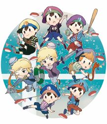 Rule 34 | 6+boys, alternate color, black hair, blonde hair, blue eyes, blush, bow (weapon), chibi, claus (mother 3), gloves, hat, highres, link, looking at viewer, lucas (mother 3), male focus, mother (game), mother 2, mother 3, multiple boys, myuu1995, ness (mother 2), nintendo, open mouth, smile, super smash bros., the legend of zelda, the legend of zelda: the wind waker, toon link, weapon
