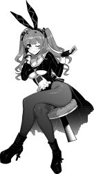 Rule 34 | 1girl, animal ears, azur lane, azur lane: slow ahead, black footwear, black gloves, black leotard, black pantyhose, breasts, card, clothing cutout, cross, cross-shaped pupils, crossed legs, facial tattoo, fake animal ears, female focus, gloves, greyscale, hair ribbon, hand on own cheek, hand on own face, hands up, high heels, highres, holding, holding card, hori (hori no su), large breasts, leotard, long hair, long sleeves, looking at viewer, marco polo (azur lane), marco polo (the queen of hearts) (azur lane), md5 mismatch, monochrome, official alternate costume, official art, one eye closed, pantyhose, platform footwear, platform heels, playboy bunny, rabbit ears, ribbon, sitting, solo, symbol-shaped pupils, tattoo, transparent background, two side up, underboob, underboob cutout, webp-to-png conversion, wrist cuffs