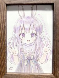 Rule 34 | 1girl, :d, animal ears, blush, bow, chitosezaka suzu, commentary request, double w, dress, hair between eyes, hair bow, heart, highres, long hair, looking at viewer, open mouth, original, photo (medium), purple dress, purple eyes, purple hair, rabbit ears, smile, solo, traditional media, translation request, twintails, upper body, very long hair, w, white bow