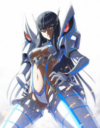 Rule 34 | 10s, 1girl, backlighting, black hair, blue eyes, breasts, garter straps, gloves, glowing, glowing eyes, groin, hair ornament, hands on own hips, highres, imizu (nitro unknown), junketsu, kill la kill, kiryuuin satsuki, lace, lace-trimmed panties, lace trim, long hair, long sleeves, looking at viewer, md5 mismatch, midriff, navel, panties, resolution mismatch, revealing clothes, simple background, solo, source smaller, spread legs, suspenders, thighhighs, underboob, underwear, very long hair, white background, white gloves, white panties, white thighhighs