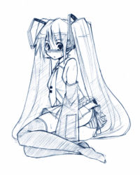 Rule 34 | 1girl, blue theme, blush, detached sleeves, hatsune miku, long hair, monochrome, necktie, panties, pantyshot, seo tatsuya, sketch, solo, striped clothes, striped panties, thighhighs, twintails, underwear, very long hair, vocaloid