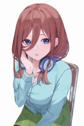 Rule 34 | 1girl, blue eyes, blue jacket, breasts, brown hair, collared shirt, commentary, cowboy shot, double-parted bangs, eyelashes, eyes visible through hair, fingernails, go-toubun no hanayome, green skirt, hair between eyes, hair over one eye, hand up, headphones, headphones around neck, highres, jacket, komura hiroto, large breasts, light blush, long hair, long sleeves, looking at viewer, miniskirt, nakano miku, on chair, open mouth, pleated skirt, school uniform, shirt, simple background, sitting, skirt, solo, straight hair, uniform, whispering, white background, white shirt