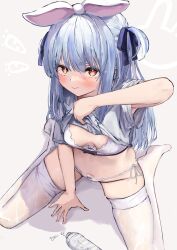 Rule 34 | 1girl, absurdres, animal ears, blue hair, blue ribbon, blush, bottle, bra, breasts, closed mouth, clothes lift, commentary request, gyoku seisyoku, hair ribbon, hand on ground, hand up, highres, hololive, lifting own clothes, long hair, looking at viewer, navel, no shoes, panties, rabbit-shaped pupils, red eyes, ribbon, see-through thighhighs, shirt, shirt lift, short sleeves, side-tie panties, sitting, small breasts, solo, symbol-shaped pupils, thighhighs, two side up, underwear, usada pekora, usada pekora (casual), virtual youtuber, wariza, water bottle, wet, white bra, white panties, white shirt, white thighhighs, zettai ryouiki