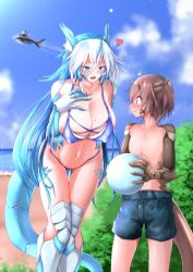 Rule 34 | 1boy, 1girl, :d, ^^^, absurdres, age difference, ahoge, arm behind back, ball, beach, bikini, blue bikini, blue eyes, blue hair, blue shorts, blue sky, blurry, blush, breasts, brown eyes, brown hair, bush, child, claws, cleavage, cloud, collarbone, colored eyelashes, commentary request, covered erect nipples, cowboy shot, crossed bangs, day, depth of field, dragon boy, dragon girl, dragon horns, dragon tail, fang, fangs, fish, flying fish, g (genesis1556), gluteal fold, groin, hair between eyes, hand on own chest, heart, highres, holding, holding ball, horns, huge breasts, leaning forward, long hair, looking at another, meldine (g (genesis1556)), midriff, mole, mole on breast, monster girl, multicolored hair, navel, nose blush, ocean, onee-shota, open mouth, original, outdoors, pectorals, print bikini, rio (g (genesis1556)), sand, scales, shark, short hair, shorts, shota-kun (g (genesis1556)), sidelocks, skin fang, skindentation, sky, smile, standing, sunlight, surprised, sweat, swimsuit, tail, topless male, two-tone hair, very long hair, white hair