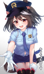 Rule 34 | 1girl, absurdres, alternate costume, animal ears, breasts, commentary request, gloves, hand on own thigh, hat, highres, horse ears, horse girl, kitasan black (umamusume), medium breasts, medium hair, navel, necktie, pizza (pizzania company), police, police hat, police uniform, policewoman, reaching, reaching towards viewer, red eyes, solo, thighhighs, thighs, translation request, umamusume, uniform, white background