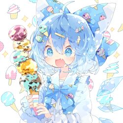 Rule 34 | 1girl, :d, blue bow, blue bowtie, blue eyes, blue hair, bow, bowtie, cirno, commentary request, fang, food, food-themed hair ornament, frills, hair bow, hair ornament, hairclip, happy, highres, holding food, holding ice cream, ice, ice cream, ice cream cone, ice cream hair ornament, ice cream print, ice wings, long sleeves, medium hair, nikorashi-ka, open mouth, popsicle, shirt, skin fang, smile, solo, sparkle, too many, too many scoops, touhou, upper body, white shirt, wings