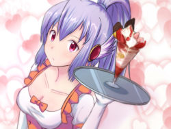 Rule 34 | 1girl, :/, bad id, bad pixiv id, blue hair, blush, breasts, carrying, character request, cleavage, collarbone, head wings, heart, heart background, long hair, looking at viewer, maid, parfait, ponytail, red eyes, sayashi (type5 labyrith), small breasts, solo, tray, upper body, wings, yurudorashiru