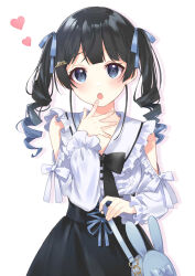 Rule 34 | 1girl, animal ears, bag, black bow, black bowtie, black hair, black skirt, blue bow, blue eyes, bow, bowtie, clothing cutout, cross-laced clothes, cross-laced skirt, drill hair, fake animal ears, frilled shirt collar, frilled sleeves, frills, hair bow, hair ornament, hairpin, hand up, heart, high-waist skirt, highres, long hair, long sleeves, nifu, nijisanji, sailor collar, shoulder bag, shoulder cutout, simple background, skirt, solo, tsukino mito, tsukino mito (14th costume), twin drills, virtual youtuber, white background, white sailor collar, white shrug