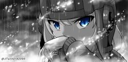 Rule 34 | 1girl, blue eyes, blurry, blurry background, commentary, girls und panzer, greyscale, helmet, highres, jumpsuit, katyusha (girls und panzer), light particles, long sleeves, looking at viewer, monochrome, one-hour drawing challenge, rain, rebirth42000, short hair, solo, spot color, tank helmet, wiping mouth