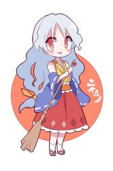 Rule 34 | 1girl, 60mai, :d, alternate costume, bare shoulders, blue sleeves, broom, full body, grey hair, holding, holding broom, japanese clothes, kimono, long hair, looking at viewer, miko, multicolored clothes, multicolored kimono, open mouth, orange eyes, sakata nemuno, sandals, simple background, smile, socks, solo, touhou, wavy hair, white background, white socks, zouri