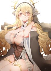 Rule 34 | 1girl, absurdres, azur lane, black gloves, blonde hair, blush, breasts, closed mouth, covered navel, cross, fake horns, gloves, habit, hand up, highres, horns, implacable (azur lane), large breasts, licking lips, long bangs, long hair, long sleeves, looking at viewer, nun, orange eyes, shirochan, simple background, sitting, solo, thighhighs, tongue, tongue out, veil, very long hair, white background, white thighhighs, wide sleeves