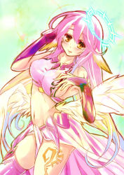 Rule 34 | 10s, 1girl, angel wings, asymmetrical legwear, bare shoulders, blush, breasts, spiked halo, crop top, feathered wings, gloves, halo, hand on own chest, jibril (no game no life), large breasts, long hair, low wings, midriff, mismatched legwear, navel, no game no life, orange eyes, pink hair, shizen sora, sideboob, solo, taut clothes, tongue, tongue out, white wings, wings