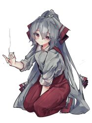 Rule 34 | 1girl, between legs, bow, cigarette, closed mouth, collared shirt, commentary request, flower, fujiwara no mokou, full body, grey bow, grey hair, grey shirt, hair flower, hair ornament, hand between legs, hand up, highres, holding, holding cigarette, kneeling, long hair, looking at viewer, pants, ponytail, red bow, red eyes, red footwear, red pants, shirt, simple background, sleeves rolled up, smoke, solo, split mouth, suspenders, touhou, two-tone bow, very long hair, vivo (vivo sun 0222), white background
