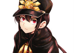 Rule 34 | 1boy, black cloak, black hair, black hat, cloak, closed mouth, crest, family crest, fate/grand order, fate (series), hair between eyes, hat, jacket, long hair, looking at viewer, low ponytail, male focus, oda nobukatsu (fate), oda uri, peaked cap, ponytail, red eyes, red jacket, sidelocks, simple background, solo, tachitsu teto, upper body, v-shaped eyebrows, white background