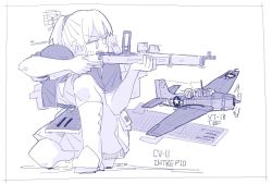 Rule 34 | 1girl, aiming, aircraft, airplane, bolt action, boots, flight deck, gun, intrepid (kancolle), jura cambri, kantai collection, kneeling, monochrome, on one knee, ponytail, rifle, short hair, short ponytail, tbf avenger, turret, weapon