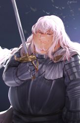 Rule 34 | 1boy, absurdres, animification, arm at side, armor, berserk, blue eyes, breastplate, closed mouth, cosplay, crossover, double chin, family guy, fat, fat man, full armor, gauntlets, glasses, gradient background, griffith (berserk), griffith (berserk) (cosplay), hand up, highres, holding, holding sword, holding weapon, kowai (iamkowai), long hair, looking at viewer, male focus, peter griffin, solo, sword, weapon, white hair