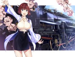 Rule 34 | 1girl, :d, arm up, belt, black skirt, blurry, breasts, cherry blossoms, coat, copyright request, depth of field, large breasts, locomotive, long sleeves, looking at viewer, official art, open clothes, open coat, open mouth, original, outside border, outstretched arm, pencil skirt, purple eyes, red hair, ribbed sweater, short hair, skirt, smile, solo, standing, steam locomotive, sweater, tan (tangent), train, tree, white coat