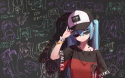 Rule 34 | 1girl, 39, adjusting clothes, adjusting headwear, aqua eyes, aqua hair, aqua nails, baseball cap, black background, black shirt, bracelet, character name, commentary, doodle, drawings, eighth note, hair ornament, hand up, happy birthday, hat, hatsune miku, headphones, headphones around neck, jewelry, long hair, looking to the side, mural, musical note, nail polish, neck tattoo, nejikyuu, one eye closed, pinky out, red shirt, shadow, shirt, smile, solo, spaghetti strap, spring onion, sunglasses, sweat, t-shirt, tattoo, translated, twintails, two-tone shirt, very long hair, vocaloid