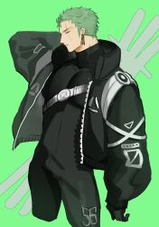 Rule 34 | 1boy, arm at side, arm behind head, black bodysuit, black gloves, black jacket, bodysuit, closed eyes, closed mouth, cropped legs, earrings, gloves, green background, green hair, highres, jacket, jewelry, long sleeves, male focus, one piece, pectorals, roronoa zoro, scar, scar across eye, short hair, tokoni fusu, toned, toned male
