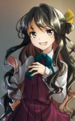 Rule 34 | 10s, 1girl, fang, hair ribbon, hand on own hip, hand on own chest, kantai collection, long hair, multicolored hair, naganami (kancolle), open mouth, ribbon, school uniform, tamae (pixiv40276), wavy hair, yellow eyes