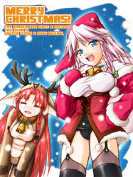 Rule 34 | 2girls, = =, alternate costume, animal costume, antlers, apron, bell, blue eyes, bow, braid, breasts, breasts squeezed together, christmas, closed eyes, collar, crying, english text, engrish text, eyebrows, fake antlers, female focus, garter belt, garter straps, hair bow, hand on own hip, hands on own knees, hat, holly, hong meiling, horns, izayoi sakuya, large breasts, long hair, long sleeves, maid, maid apron, maid headdress, medium breasts, mittens, multiple girls, neck bell, open mouth, ranguage, red hair, reindeer antlers, reindeer costume, santa costume, santa hat, short hair, silver hair, smile, snow, snowing, star (symbol), tears, thighhighs, touhou, twin braids, yuzu momo