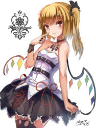 Rule 34 | 1girl, absurdres, alternate costume, bare shoulders, black thighhighs, blonde hair, blush, flandre scarlet, gothic lolita, highres, jewelry, lolita fashion, looking at viewer, myero, red eyes, revision, ring, side ponytail, simple background, sketch, smile, solo, thighhighs, touhou, white background, wings