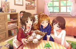 Rule 34 | 10s, 3:, 3:&lt;, 3girls, :d, bed, bedroom, black legwear, blush, book, bookshelf, bow, breasts, brown eyes, brown hair, closed eyes, collarbone, cookie, cup, curtains, double bun, drawer, floral print, flower, food, friends, frills, hair bun, hair ornament, hino akane (idolmaster), honda mio, hood, hoodie, idolmaster, idolmaster cinderella girls, idolmaster cinderella girls starlight stage, jewelry, long hair, looking at another, multiple girls, necklace, official art, open mouth, pantyhose, photo (object), ribbon, seiza, short hair, sitting, skirt, small breasts, smile, sunlight, sweatdrop, table, takamori aiko, tea, teacup, teapot, triangle mouth, v-shaped eyebrows, window