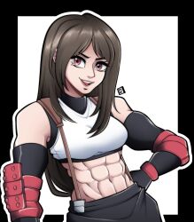 Rule 34 | 1girl, abs, alternate muscle size, black hair, black skirt, breasts, commentary, crop top, elbow pads, english commentary, final fantasy, final fantasy vii, final fantasy vii remake, hands on own hips, highres, kermittend, long hair, medium breasts, muscular, muscular female, navel, open mouth, outline, red eyes, signature, skirt, smile, solo, suspender skirt, suspenders, tank top, tifa lockhart, upper body, white tank top