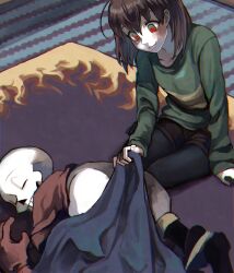Rule 34 | 1boy, 1other, androgynous, armor, blush, chara (undertale), closed mouth, full body, highres, hollow mouth, long sleeves, medium hair, pantyhose, papyrus (undertale), scarf, shirt, shorts, shousan (hno3syo), skeleton, smile, striped, teeth, undertale