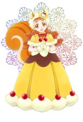 Rule 34 | 1girl, :d, aizen (syoshiyuki), animal ears, arisugawa himari, bow, bowtie, brown eyes, brown hair, capelet, cure custard, cure custard (a la mode style), dress, food-themed clothes, food-themed ornament, full body, fur trim, gloves, head tilt, highres, kirakira precure a la mode, long hair, looking at viewer, open mouth, own hands clasped, own hands together, precure, red bow, red bowtie, smile, solo, squirrel ears, squirrel tail, standing, tail, white background, yellow bow, yellow capelet, yellow dress, yellow gloves