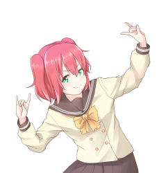 Rule 34 | &gt;:), 10s, 1girl, blush, bow, bowtie, commentary request, double fox shadow puppet, fox shadow puppet, furihata ai, green eyes, kanabun, kurosawa ruby, looking at viewer, love live!, love live! sunshine!!, red hair, school uniform, serafuku, short hair, simple background, skirt, smile, solo, two side up, upper body, v-shaped eyebrows, voice actor connection, white background