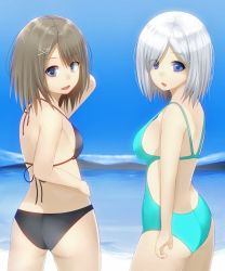 Rule 34 | 10s, 1girl, ass, back, beach, bikini, blue eyes, blue sky, breasts, brown hair, butt crack, cloud, competition swimsuit, day, hair ornament, hair over one eye, hairclip, hamakaze (kancolle), island, kantai collection, looking at viewer, looking back, maya (kancolle), medium breasts, ocean, one-piece swimsuit, open mouth, outdoors, sand, short hair, sky, swimsuit, water, white hair, yuushin