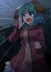Rule 34 | 1girl, animal ears, bamboo, bamboo forest, blue sky, breasts, clenched hand, commentary request, cowboy shot, dress, e.o., emphasis lines, eyes visible through hair, fang, forest, green eyes, green hair, hand up, highres, kasodani kyouko, long sleeves, nature, night, night sky, open mouth, outdoors, petticoat, pink dress, revision, short hair, sky, small breasts, solo, standing, star (sky), starry sky, touhou