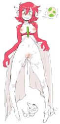 Rule 34 | 1girl, ?, alternate color, blush, body blush, breasts, breasts out, collarbone, commentary request, creatures (company), dress, egg, game freak, gardevoir, gen 1 pokemon, gen 3 pokemon, groin, hair between eyes, hair ornament, hairclip, large areolae, midriff, navel, nintendo, nipples, personification, pokemon, pussy, pussy juice, pussy juice drip, pussy juice trail, red hair, self exposure, senatorwong, shiny pokemon, small breasts, solo, speech bubble, spoken question mark, sweat, teeth, weedle, white background, white dress