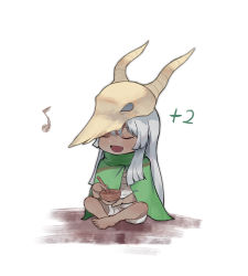 Rule 34 | 1girl, bandages, barefoot, bowl, cape, chibi, dark skin, dark-skinned female, eighth note, closed eyes, facing viewer, gameplay mechanics, green cape, highres, long hair, musical note, pestle, shuiping anding mian, simple background, sitting, skull, skull-shaped hat, skull hat, slay the spire, solo, the silent, very long hair, white background, white hair