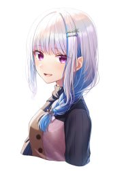 Rule 34 | 1girl, :d, absurdres, black sweater, blue hair, braid, from side, gradient hair, hair ornament, hair over shoulder, hairclip, highres, lize helesta, long hair, looking at viewer, multicolored hair, nijisanji, open mouth, pink eyes, ribbed sweater, shinaritu, silver hair, simple background, single braid, smile, solo, sweater, upper body, virtual youtuber, white background