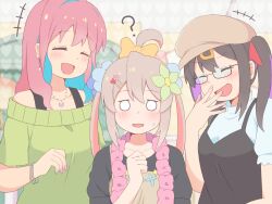 Rule 34 | +++, 0 0, 3girls, :d, ?, ahoge, bespectacled, black hair, blank eyes, blue hair, bow, closed eyes, collarbone, commentary, earrings, flower, flower necklace, genderswap, genderswap (mtf), glasses, grey hair, hair between eyes, hair bow, hair flower, hair ornament, hair ribbon, hairclip, hand to own mouth, hat, highres, hozuki kaede, jewelry, k-d, laughing, lei, light blush, long hair, multicolored hair, multiple girls, nail polish, necklace, o o, onii-chan wa oshimai!, open mouth, oyama mahiro, oyama mihari, pink hair, pink nails, purple hair, red ribbon, ribbon, semi-rimless eyewear, short sleeves, siblings, sisters, smile, standing, sweatdrop, twintails, two-tone hair, under-rim eyewear, upper body, yellow bow