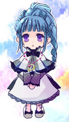 Rule 34 | 1girl, alfa system, ange serena, bad id, bad pixiv id, blue hair, bow, chibi, curly hair, dress, full body, jewelry, lowres, nagase (pixel), necklace, ponytail, purple eyes, ribbon, shawl, shoes, short hair, sidelocks, solo, tales of (series), tales of innocence