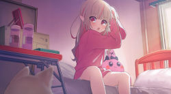 Rule 34 | 1girl, :o, adjusting hair, bed, blush, bottle, bottomless, cat, commentary request, desk, grey hair, highres, indoors, long hair, makaino ririmu, multicolored hair, nijisanji, no pants, open mouth, panties, pillow, pink hair, pink sweater, pointy ears, red eyes, sabamen, sitting, stuffed animal, stuffed rabbit, stuffed toy, sunlight, sweater, two-tone hair, underwear, virtual youtuber, window