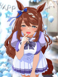 Rule 34 | 1girl, animal ears, blue bow, blue eyes, blurry, blurry background, blush, bow, braid, braided ponytail, breasts, brown hair, commentary request, cowboy shot, ear bow, finger to mouth, hair between eyes, happy birthday, highres, horse ears, horse girl, horse tail, large breasts, long hair, multicolored hair, nan-bu, open mouth, outdoors, petticoat, pleated skirt, puffy short sleeves, puffy sleeves, purple bow, purple shirt, school uniform, shirt, short sleeves, skirt, smile, solo, streaked hair, summer uniform, super creek (umamusume), tail, tracen school uniform, umamusume, very long hair, white hair, white skirt