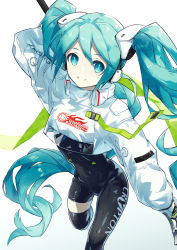 Rule 34 | 1girl, aqua eyes, aqua hair, arm behind back, arm up, asymmetrical legwear, black leotard, black thighhighs, closed mouth, commentary, crop top, crop top overhang, cropped jacket, feet out of frame, flagpole, from above, hair between eyes, hair ornament, hatsune miku, headphones, highres, holding, holding pole, jacket, leotard, logo, long hair, looking at viewer, pole, racing miku, racing miku (2022), single thighhigh, smile, smiley face, solo, thighhighs, twintails, very long hair, vocaloid, white background, white jacket, yohki