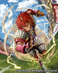 Rule 34 | 1boy, ball, boots, cardfight!! vanguard, cloud, company name, dark-skinned male, dark skin, day, dudley jetter, electricity, fingerless gloves, gloves, horns, i-la, male focus, official art, ogre, outdoors, pointy ears, red hair, rugby ball, single horn, sky, solo, sportswear, teeth, yellow eyes