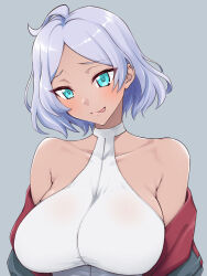 Rule 34 | 1girl, :p, ahoge, aqua eyes, bare shoulders, blush, breasts, closed mouth, collarbone, dark-skinned female, dark skin, grey background, grey hair, gundam, gundam suisei no majo, impossible clothes, large breasts, looking at viewer, mikagami sou, off shoulder, parted bangs, secelia dote, short hair, simple background, smile, solo, tongue, tongue out, upper body