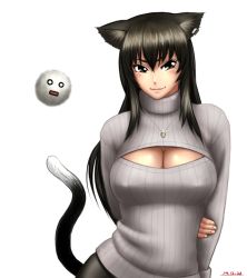 Rule 34 | 1girl, animal ears, arm grab, arms behind back, black hair, blush, borrowed character, breasts, brown eyes, cat ears, cat tail, cleavage, cleavage cutout, clothing cutout, contrapposto, covered erect nipples, dated, jewelry, kedama (touhou), large breasts, long hair, meme attire, necklace, nukonabe (koppe pan), open-chest sweater, original, ribbed sweater, solo, standing, sweater, taikyokuturugi, tail, touhou, turtleneck, white background