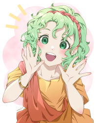 Rule 34 | 1girl, :d, blush, bracelet, collarbone, commentary request, dress, fire emblem, fire emblem: thracia 776, green eyes, green hair, hairband, hands up, highres, jewelry, looking at viewer, mojakkoro, nintendo, open mouth, orange dress, pink hairband, short hair, smile, solo, tina (fire emblem), upper body, white background