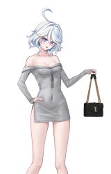 Rule 34 | 1girl, :d, absurdres, ahoge, alternate costume, bare shoulders, blue eyes, breasts, collarbone, commentary request, dongtan dress, dress, feet out of frame, furina (genshin impact), genshin impact, grey dress, hand on own hip, highres, ilbanseomin, long sleeves, looking at viewer, meme attire, off-shoulder dress, off shoulder, open mouth, pencil dress, short dress, short hair, simple background, small breasts, smile, solo, standing, white background, white hair