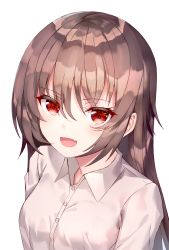 1girl absurdres brown_hair fang hair_between_eyes highres long_hair looking_at_viewer open_mouth original red_eyes shirt simple_background smile solo surrender_(surren2019) upper_body white_background white_shirt