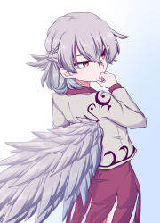 Rule 34 | 1girl, benizuwai, bow, braid, covering own mouth, dress, feathered wings, french braid, gradient background, hand up, highres, jacket, kishin sagume, long sleeves, looking to the side, open clothes, open jacket, purple dress, red eyes, short hair, simple background, single wing, solo, touhou, white background, wings